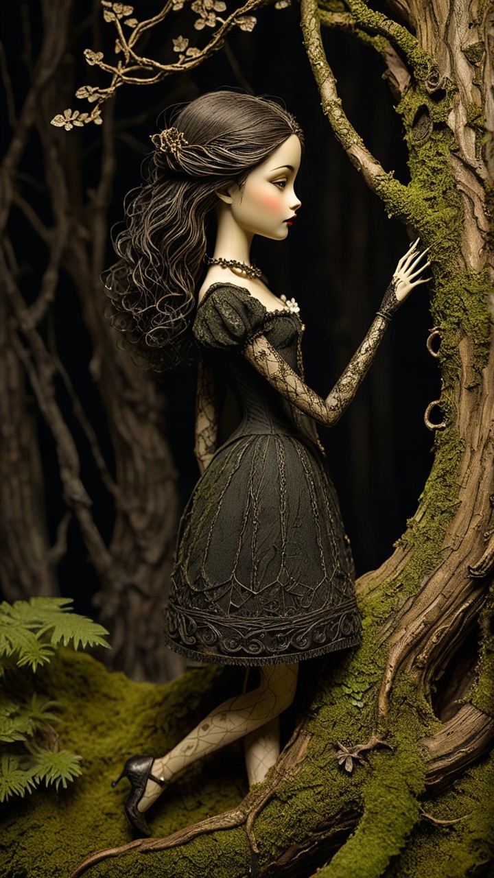 Intricate Doll in Dark Mystical Forest Setting