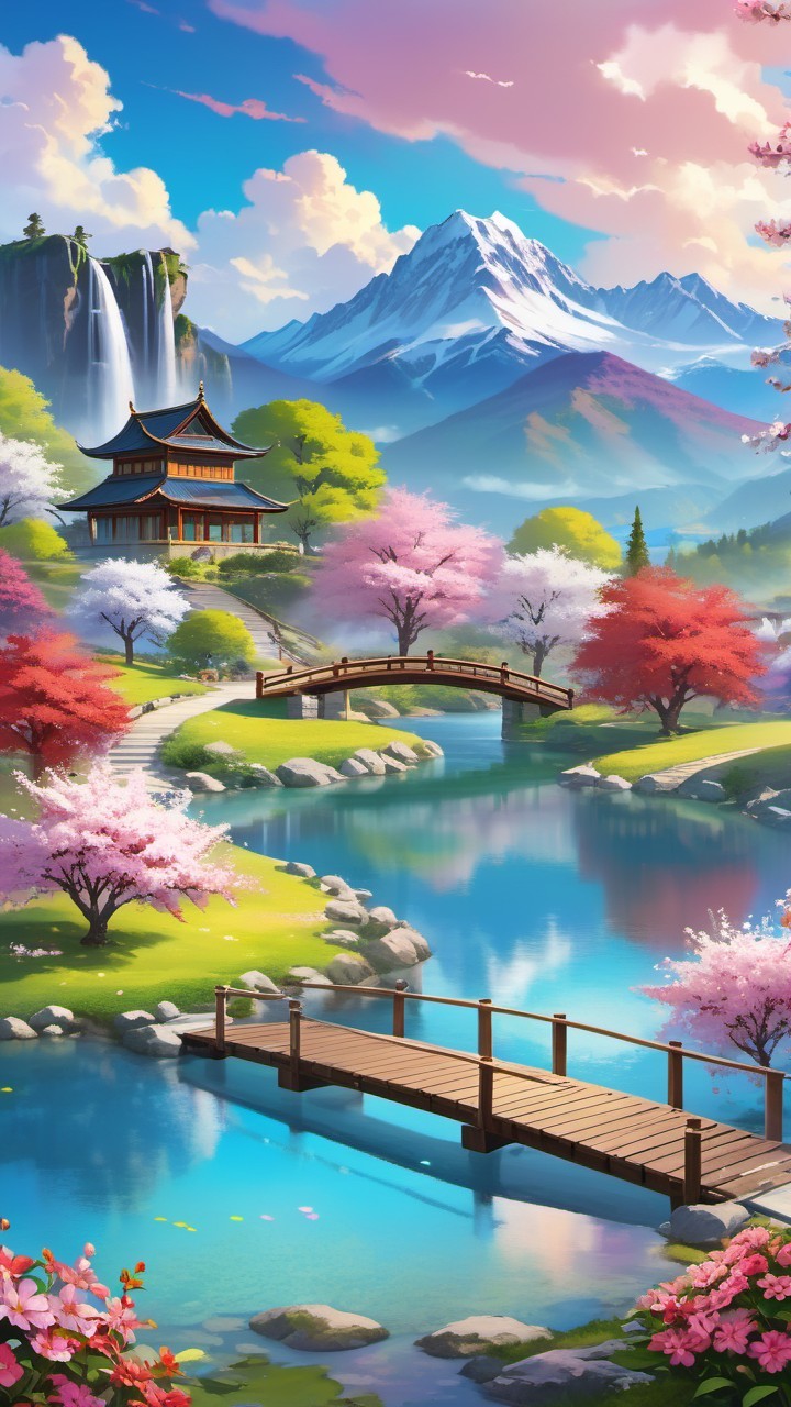 Japanese Pagoda Surrounded by Cherry Blossoms and Mountains