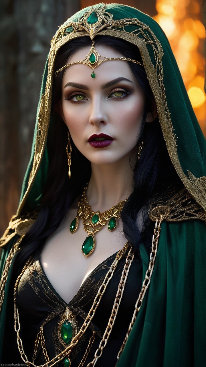 Emerald Figure with Gold Jewelry in Forest Setting