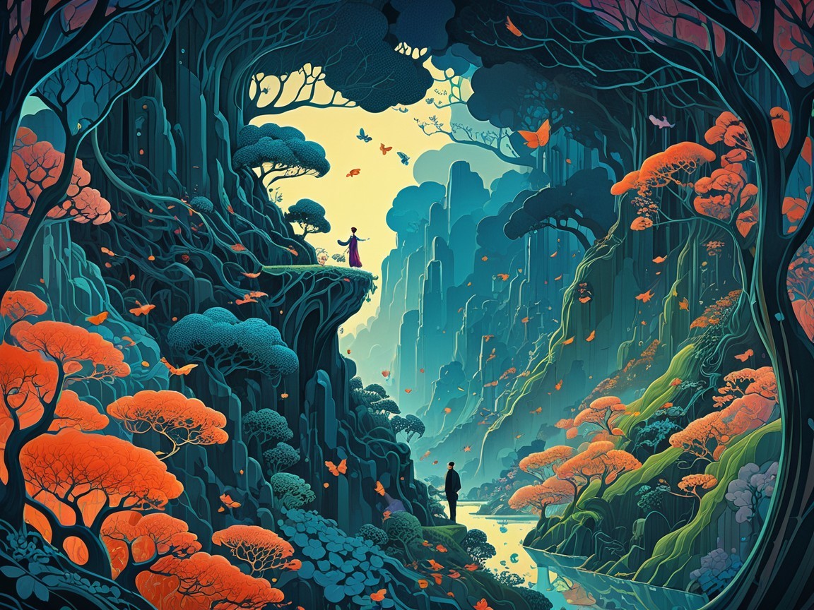 Surreal Landscape with Cliff, Trees, and Butterflies