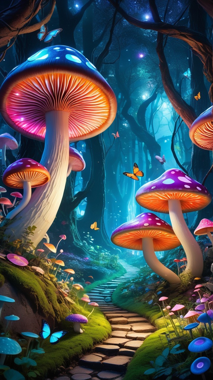 Vibrant Magical Forest with Glowing Mushrooms and Butterflies