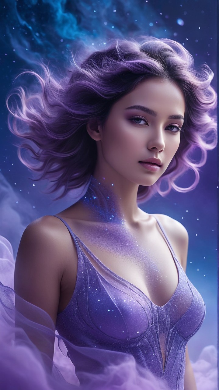 Serene Woman in Purple with Cosmic Background