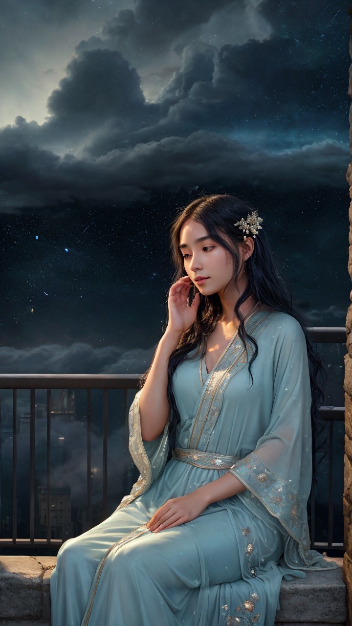Young Woman in Sky-Blue Gown on Balcony at Night