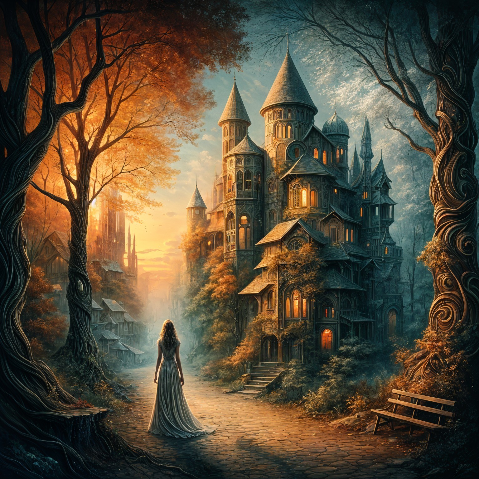 Mystical Scene of Figure Before Enchanted Castle