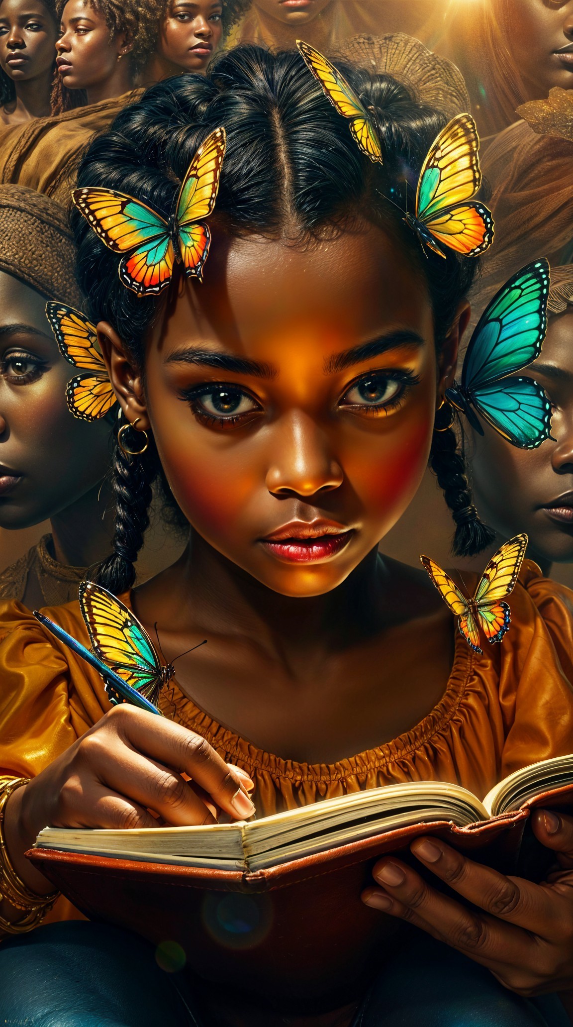 Young girl writing with butterflies in soft light