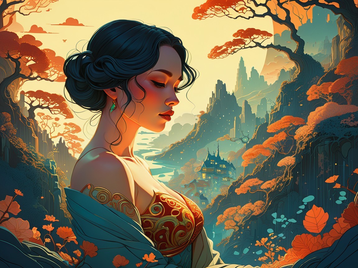 Serene Female Figure in Vibrant Outfit with Landscape