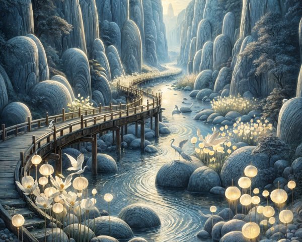 Serene landscape with bridge, river, cliffs, and crane