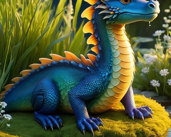 Whimsical Dragon by a Shimmering Pond in Nature