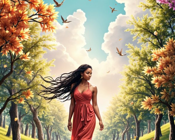 Woman in Red Dress in Autumn Landscape Scene