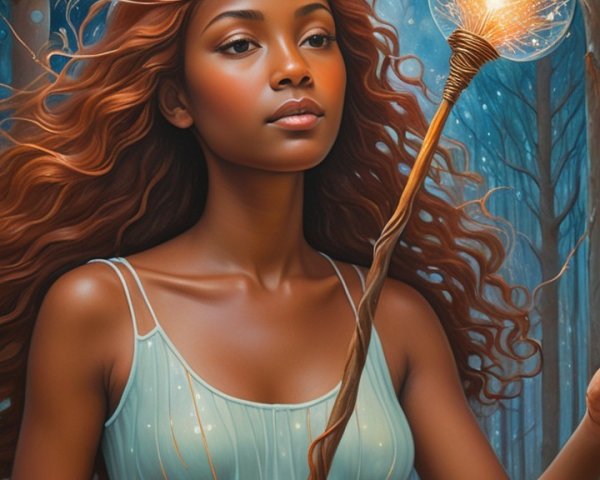 Young woman with glowing orb in mystical forest