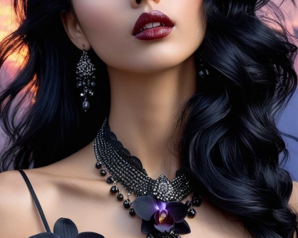 Portrait of a Woman with Black Hair and Orchids