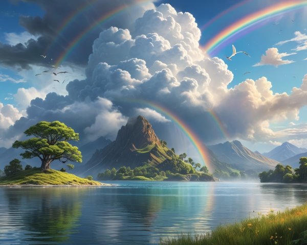 Tranquil Lake Surrounded by Lush Mountains and Rainbows