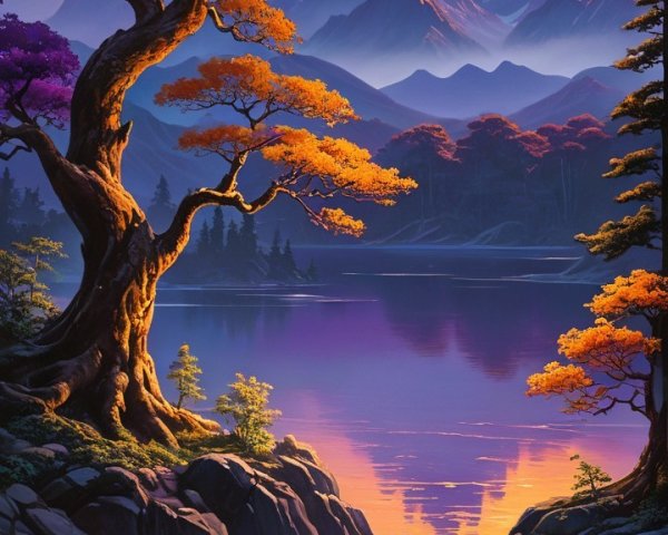 Serene Sunset Over Tranquil Lake and Mountains
