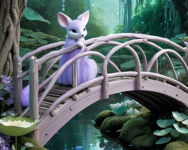 Whimsical Creature on a Bridge in Enchanted Forest