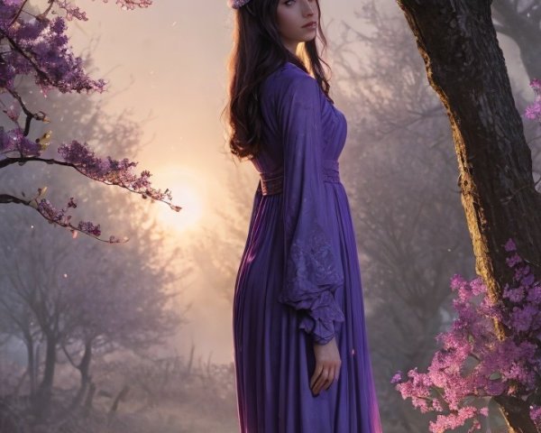 Young woman in purple gown in a floral landscape
