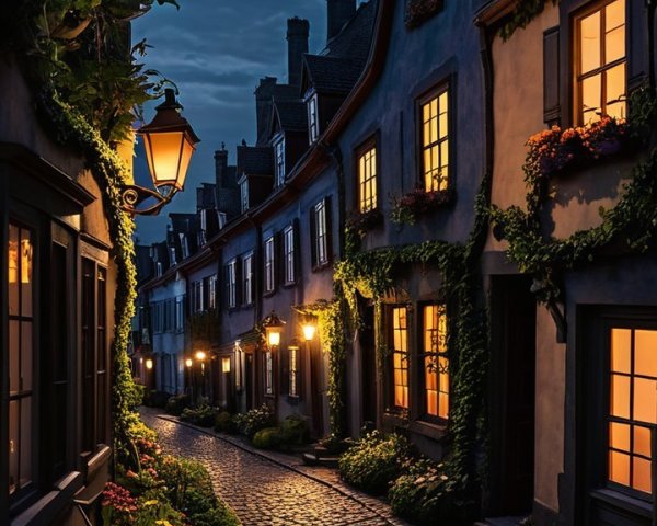 Charming Cobblestone Street with Warm Lighting