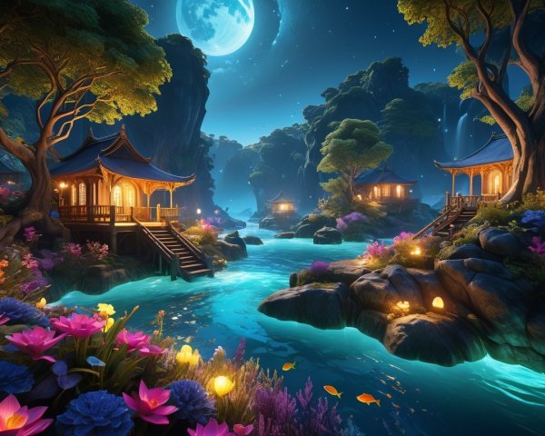 Serene Night Landscape with River and Pagodas
