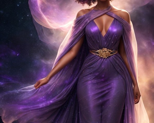 Elegant Figure in Purple Gown Against Cosmic Backdrop