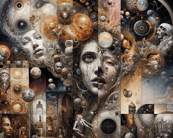 Surreal Collage of Celestial Bodies and Human Figures