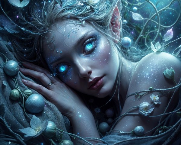 Mystical Figure with Ethereal Features and Flora