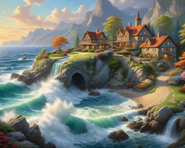 Coastal Scene with Houses, Waterfalls, and Mountains