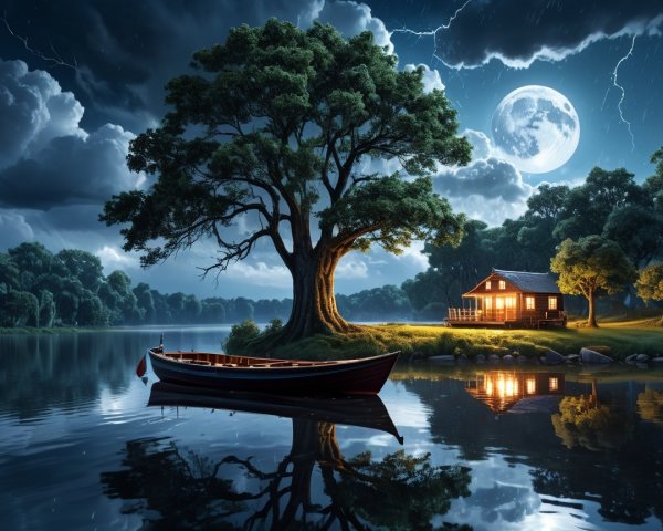 Tranquil Lake Night Scene with Cozy Cabin and Moonlight