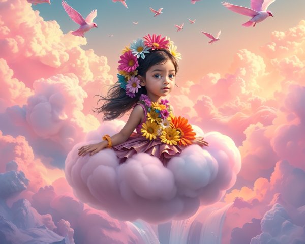 Young girl with floral crown on a fluffy cloud
