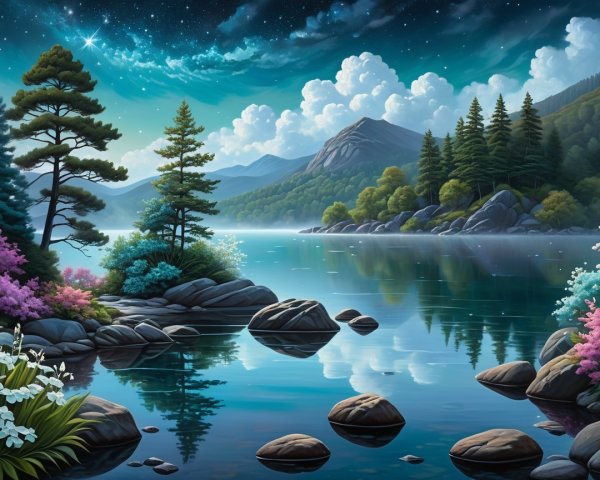 Tranquil Lake Surrounded by Lush Mountains and Flowers