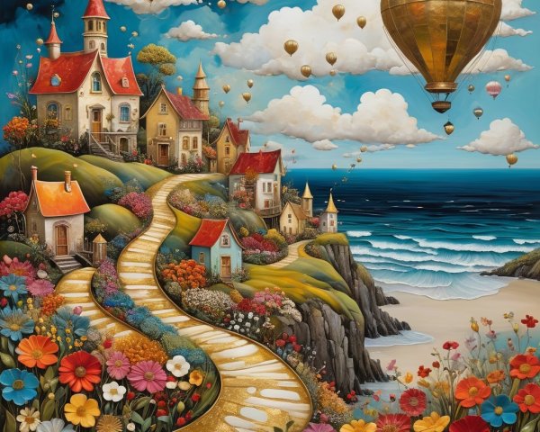 Whimsical hillside landscape with colorful houses and beach