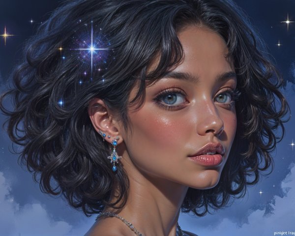 Young woman with blue eyes and starry background