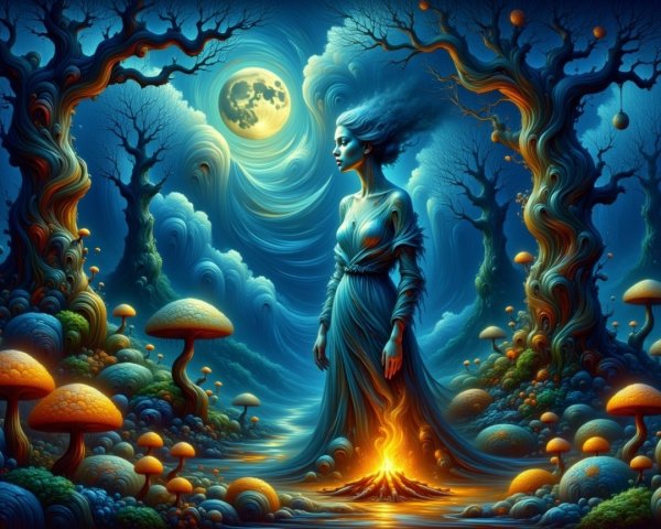 Serene woman in magical forest under full moonlight