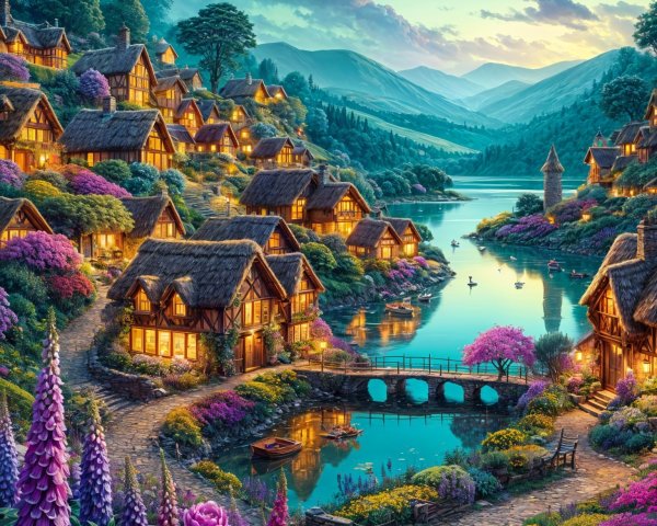 Picturesque Village with Thatched Cottages and Lake