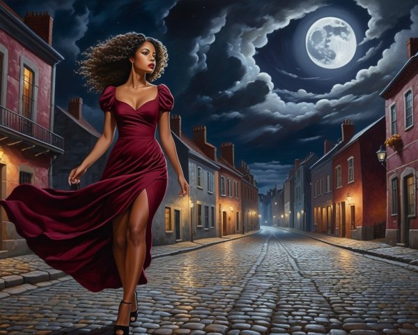 Woman in burgundy dress on cobblestone street at night