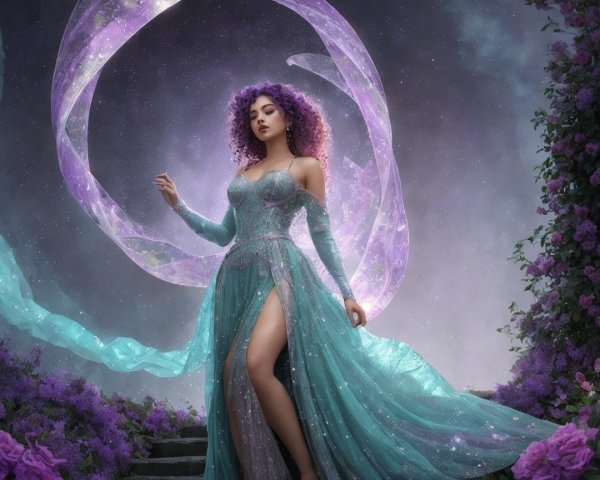 Mystical figure in turquoise gown among purple roses