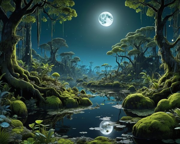Moonlit Landscape with Tranquil Pond and Lush Vegetation