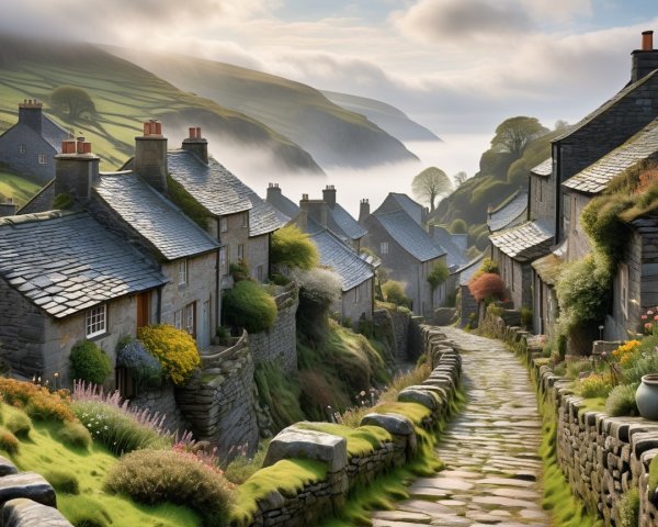 Picturesque Village with Stone Cottages and Hills