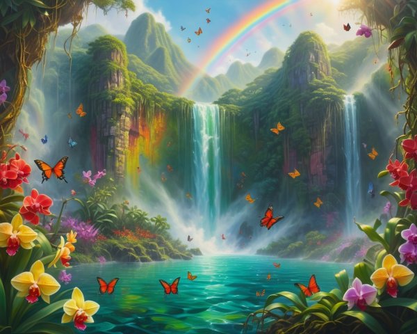Tropical Landscape with Waterfalls and Orchids