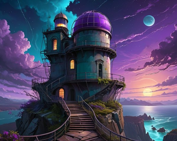 Whimsical Observatory on Rocky Cliff at Sunset