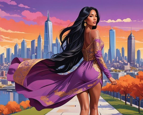 Woman in Purple Dress Overlooking City Skyline at Sunset