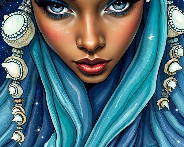 Portrait of a woman with seashells and turquoise scarf
