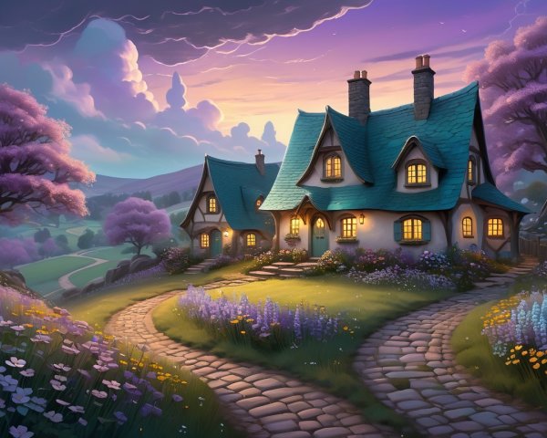 Charming Cottage Surrounded by Vibrant Flowers and Hills