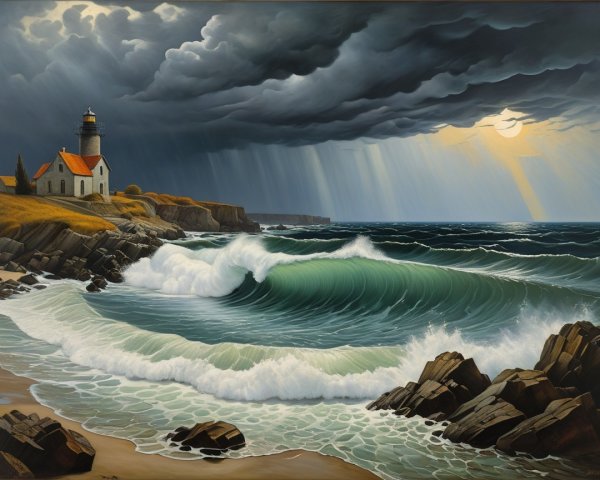 Dramatic Coastal Scene with Lighthouse and Storm Clouds