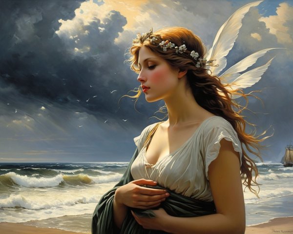 Fairy-like Woman by Ocean with Delicate Wings
