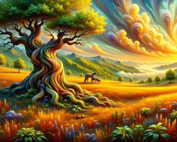 Vibrant Landscape with Colorful Tree and Horses
