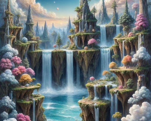 Majestic Waterfalls in a Fantasy Landscape Scene