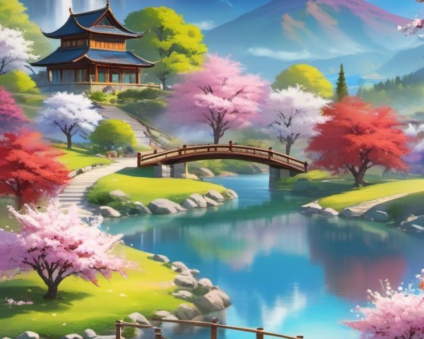 Japanese Pagoda Surrounded by Cherry Blossoms and Mountains