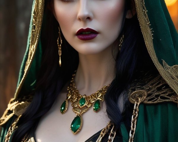 Emerald Figure with Gold Jewelry in Forest Setting