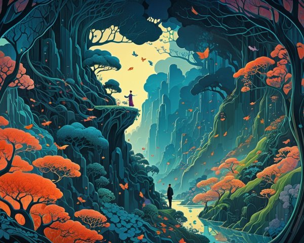 Surreal Landscape with Cliff, Trees, and Butterflies