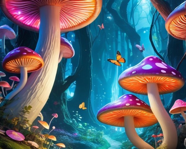 Vibrant Magical Forest with Glowing Mushrooms and Butterflies