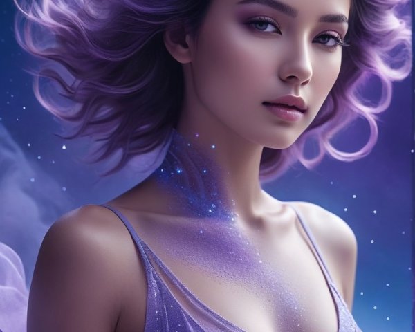 Serene Woman in Purple with Cosmic Background